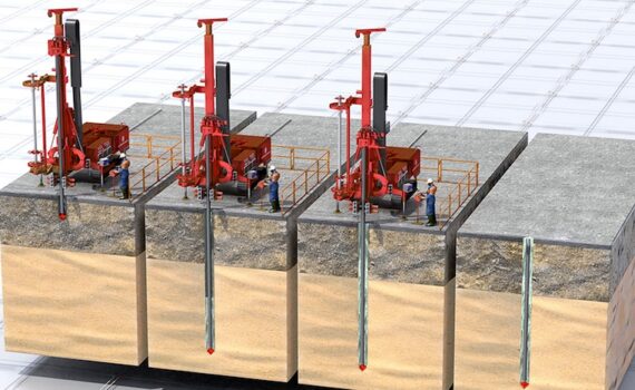 Proceso de ejecución de micropilotes para cimentaciones: maquinaria de perforación trabajando en terreno, con instalación de armaduras y equipos de inyección de mortero 02