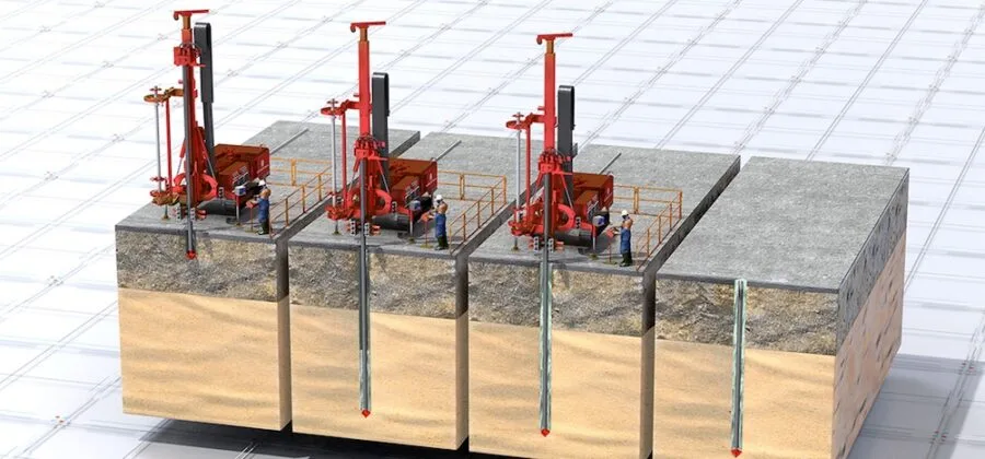 Proceso de ejecución de micropilotes para cimentaciones: maquinaria de perforación trabajando en terreno, con instalación de armaduras y equipos de inyección de mortero 02